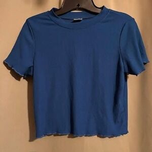Blue Ribbed Knit Short‎ Sleeve Top Ruffle Hem Cropped Shirt